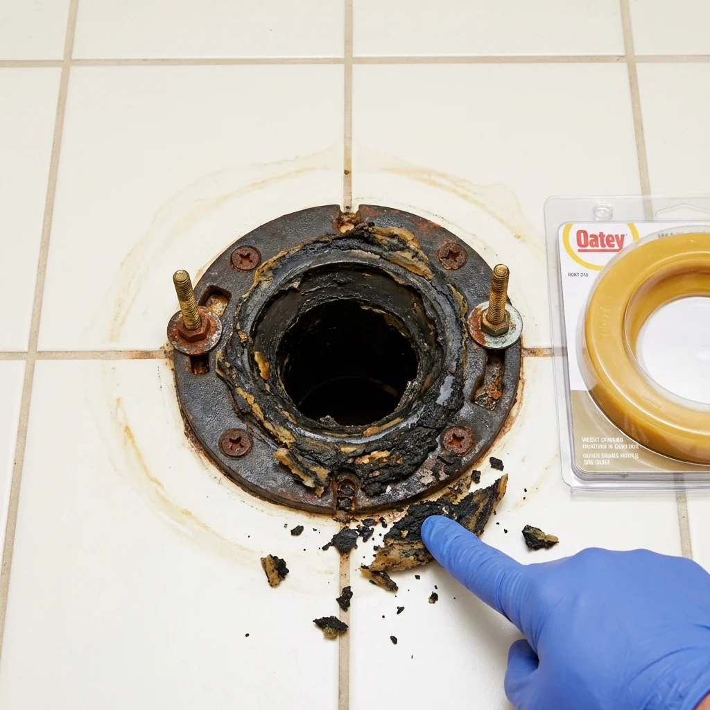 Failed wax ring showing water seepage at the base of a toilet in a Washington, NC home