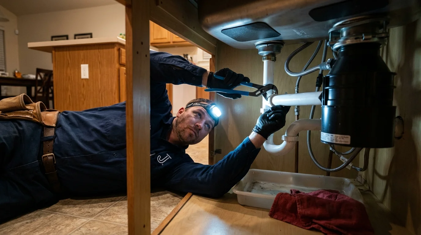 P-trap and supply line connections under a kitchen sink showing a common leak point in Washington, NC